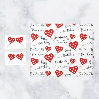 Romantic Birthday Gift Wrapping Paper & Gift Tags (1 Sheet & 2 Gift Tags) - Happy Birthday - You are My True Love - by Hunts England - Red Heart Collection