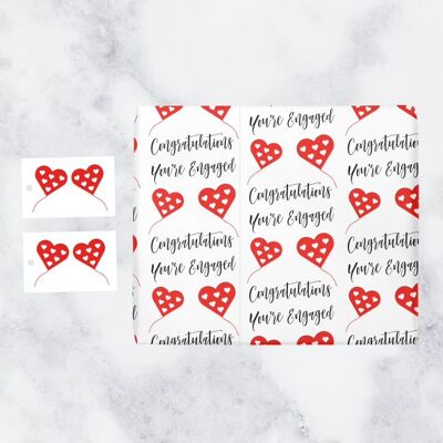 Engagement Gift Wrapping Paper & Gift Tags (1 Sheet & 2 Gift Tags) - Congratulations You're Engaged - Gift Wrap for Engagement Gifts - Red Heart Collection