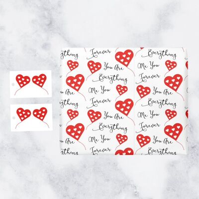 Romantic Valentine's Day Wrapping Paper & Gift Tags (1 Sheet & 2 Gift Tags) - Red Heart Collection