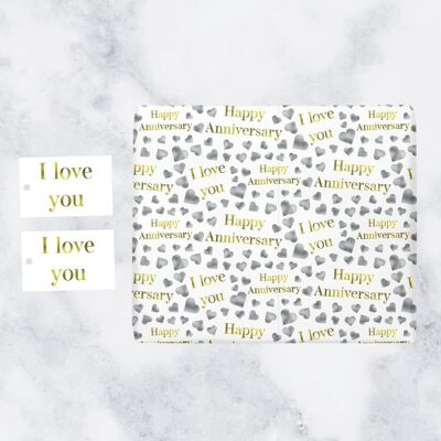 Happy Anniversary Romantic Gift Wrapping Paper & Gift Tags (1 Sheet & 2 Gift Tags) - 'Happy Anniversary' - 'I Love You' - Silver Hearts Collection