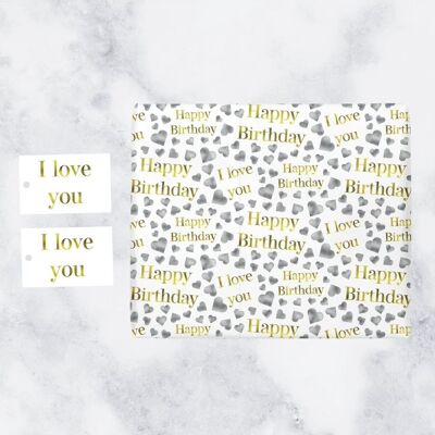 Happy Birthday Romantic Gift Wrapping Paper & Gift Tags (1 Sheet & 2 Gift Tags) - 'Happy Birthday' - 'I Love You' - Silver Hearts Collection