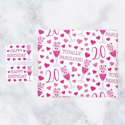 20th Birthday Gift Wrapping Paper & Gift Tags (1 Sheet & 2 Tags) - 20 - Totally Fabulous - by Hunts England - Still Totally Fabulous Collection