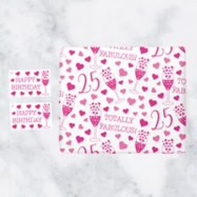 25th Birthday Gift Wrapping Paper & Gift Tags (1 Sheet & 2 Tags) - 25 - Totally Fabulous - by Hunts England - Still Totally Fabulous Collection