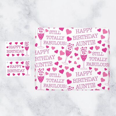 Auntie Birthday Gift Wrapping Paper & Gift Tags (1 Sheet & 2 Tags) - 'Happy Birthday Auntie' - 'Still Totally Fabulous!' - Still Totally Fabulous Collection