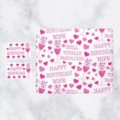 Wife Birthday Gift Wrapping Paper & Gift Tags (1 Sheet & 2 Tags) - 'Happy Birthday Wife' - 'Still Totally Fabulous!' - Still Totally Fabulous Collection