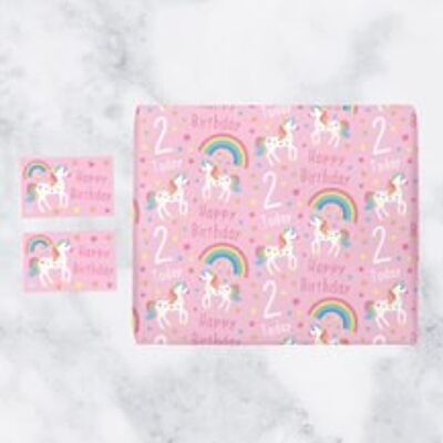 Girl 2nd Birthday Unicorn Wrapping Paper & Gift Tags (1 Sheet & 2 Gift Tags) - 2 Today - Happy Birthday - by Hunts England - Unicorn Collection