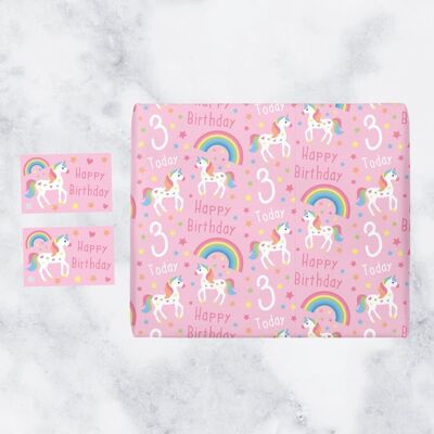 Girl 3rd Birthday Unicorn Wrapping Paper & Gift Tags (1 Sheet & 2 Gift Tags) - 3 Today - Happy Birthday - by Hunts England - Unicorn Collection
