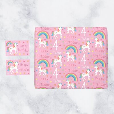 Girl 4th Birthday Unicorn Wrapping Paper & Gift Tags (1 Sheet & 2 Gift Tags) - '4 Today' - 'Happy Birthday' - Unicorn Collection