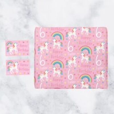 Girl 6th Birthday Unicorn Wrapping Paper & Gift Tags (1 Sheet & 2 Gift Tags) - '6 Today' - 'Happy Birthday' - Unicorn Collection