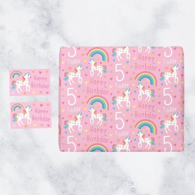 Girl 5th Birthday Unicorn Wrapping Paper & Gift Tags (1 Sheet & 2 Gift Tags) - '5 Today' - 'Happy Birthday' - Unicorn Collection