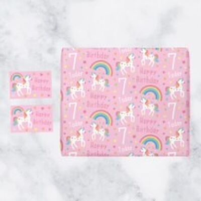 Girl 7th Birthday Unicorn Wrapping Paper & Gift Tags (1 Sheet & 2 Gift Tags) - 7 Today - Happy Birthday - by Hunts England - Unicorn Collection