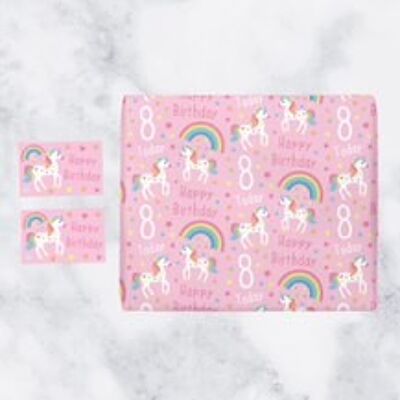 Girl 8th Birthday Unicorn Wrapping Paper & Gift Tags (1 Sheet & 2 Gift Tags) - 8 Today - Happy Birthday - by Hunts England - Unicorn Collection