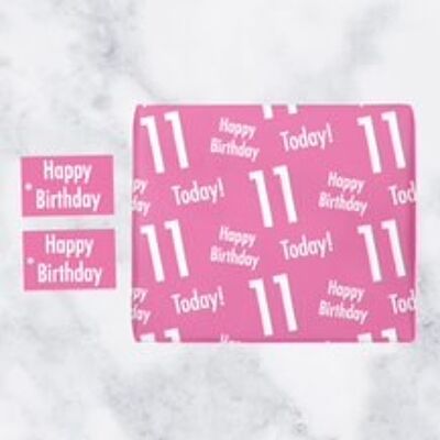 11th Birthday Pink Gift Wrapping Paper & Gift Tags (1 Sheet & 2 Tags) - 'Happy Birthday' - '11 Today!' - Urban Colour Collection