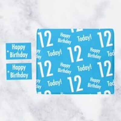 12th Birthday Blue Gift Wrapping Paper & Gift Tags (1 Sheet & 2 Tags) - 'Happy Birthday' - '12 Today!' - Urban Colour Collection