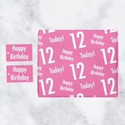 12th Birthday Pink Gift Wrapping Paper & Gift Tags (1 Sheet & 2 Tags) - 'Happy Birthday' - '12 Today!' - Urban Colour Collection