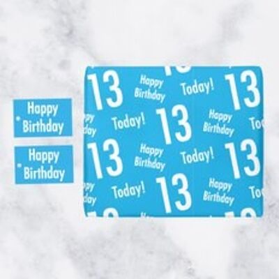 13th Birthday Blue Gift Wrapping Paper & Gift Tags (1 Sheet & 2 Tags) - 'Happy Birthday' - '13 Today!' - Urban Colour Collection