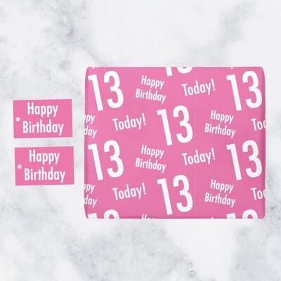 13th Birthday Pink Gift Wrapping Paper & Gift Tags (1 Sheet & 2 Tags) - 'Happy Birthday' - '13 Today!' - Urban Colour Collection
