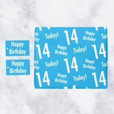 14th Birthday Blue Gift Wrapping Paper & Gift Tags (1 Sheet & 2 Tags) - 'Happy Birthday' - '14 Today!' - Urban Colour Collection