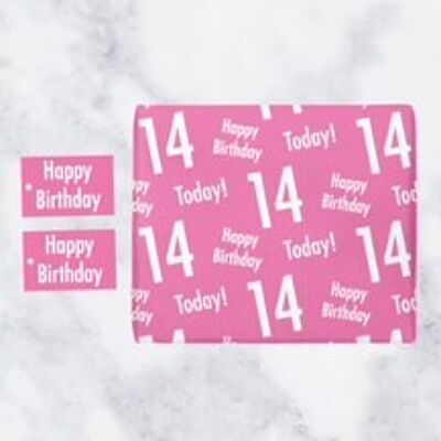 14th Birthday Pink Gift Wrapping Paper & Gift Tags (1 Sheet & 2 Tags) - 'Happy Birthday' - '14 Today!' - Urban Colour Collection