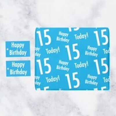 15th Birthday Blue Gift Wrapping Paper & Gift Tags (1 Sheet & 2 Tags) - 'Happy Birthday' - '15 Today!' - Urban Colour Collection