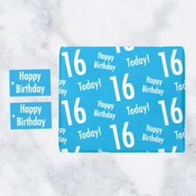 16th Birthday Blue Gift Wrapping Paper & Gift Tags (1 Sheet & 2 Tags) - 'Happy Birthday' - '16 Today!' - Urban Colour Collection