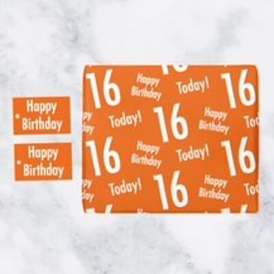 16th Birthday Orange Gift Wrapping Paper & Gift Tags (1 Sheet & 2 Tags) - Happy Birthday - 16 Today! - by Hunts England - Urban Colour Collection