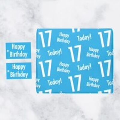 17th Birthday Blue Gift Wrapping Paper & Gift Tags (1 Sheet & 2 Tags) - Happy Birthday - 17 Today! - by Hunts England - Urban Colour Collection
