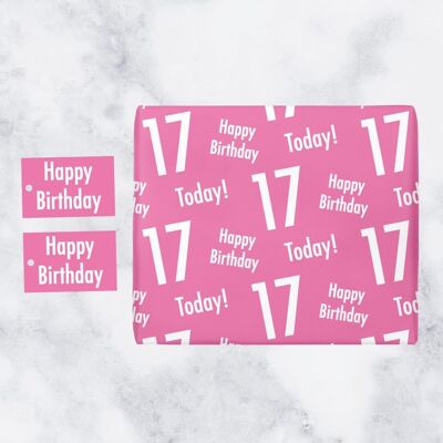 17th Birthday Pink Gift Wrapping Paper & Gift Tags (1 Sheet & 2 Tags) - Happy Birthday - 17 Today! - by Hunts England - Urban Colour Collection