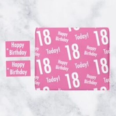 18th Birthday Pink Gift Wrapping Paper & Gift Tags (1 Sheet & 2 Tags) - 'Happy Birthday' - '18 Today!' - Urban Colour Collection