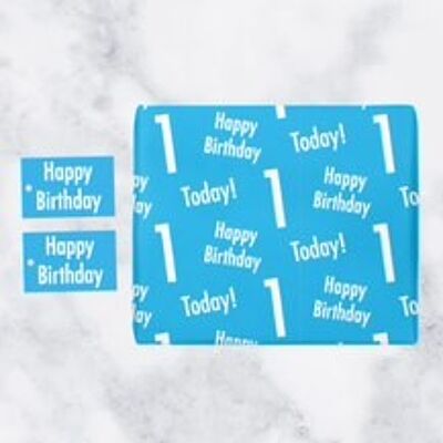 1st Birthday Blue Gift Wrapping Paper & Gift Tags (1 Sheet & 2 Tags) - 'Happy Birthday' - '1 Today!' - Urban Colour Collection