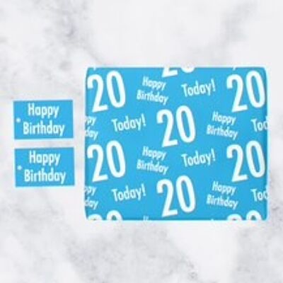 20th Birthday Blue Gift Wrapping Paper & Gift Tags (1 Sheet & 2 Tags) - 'Happy Birthday' - '20 Today!' - Urban Colour Collection