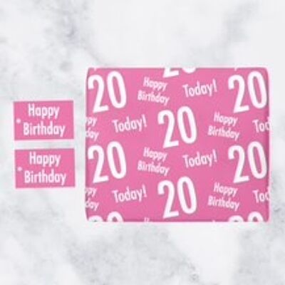 20th Birthday Pink Gift Wrapping Paper & Gift Tags (1 Sheet & 2 Tags) - 'Happy Birthday' - '20 Today!' - Urban Colour Collection