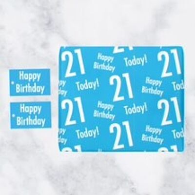 21st Birthday Blue Gift Wrapping Paper & Gift Tags (1 Sheet & 2 Tags) - 'Happy Birthday' - '21 Today!' - Urban Colour Collection