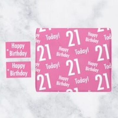 21st Birthday Pink Gift Wrapping Paper & Gift Tags (1 Sheet & 2 Tags) - 'Happy Birthday' - '21 Today!' - Urban Colour Collection