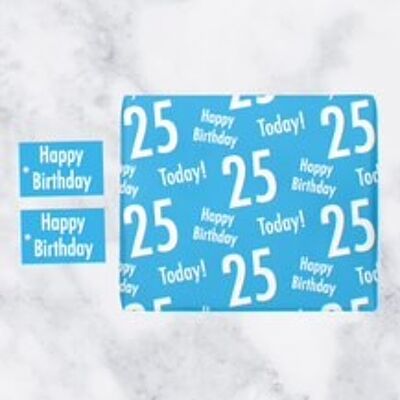 25th Birthday Blue Gift Wrapping Paper & Gift Tags (1 Sheet & 2 Tags) - Happy Birthday - 25 Today! - by Hunts England - Urban Colour Collection