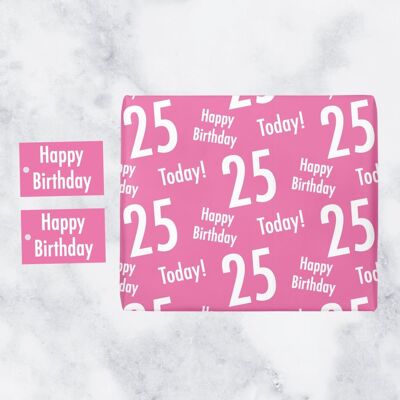 25th Birthday Pink Gift Wrapping Paper & Gift Tags (1 Sheet & 2 Tags) - Happy Birthday - 25 Today! - by Hunts England - Urban Colour Collection