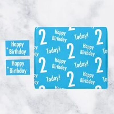 2nd Birthday Blue Gift Wrapping Paper & Gift Tags (1 Sheet & 2 Tags) - 'Happy Birthday' - '2 Today!' - Urban Colour Collection