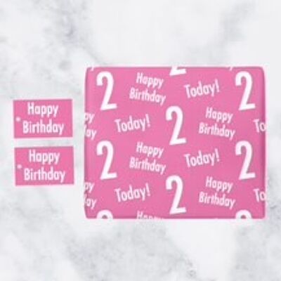 2nd Birthday Pink Gift Wrapping Paper & Gift Tags (1 Sheet & 2 Tags) - 'Happy Birthday' - '2 Today!' - Urban Colour Collection