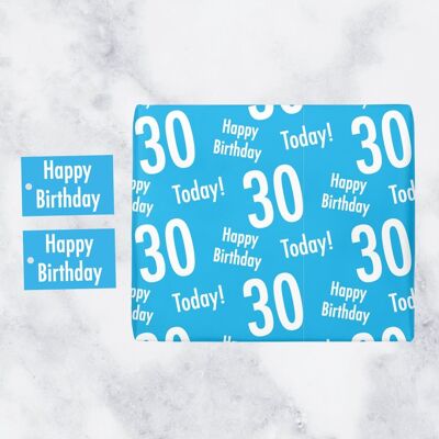 30th Birthday Blue Gift Wrapping Paper & Gift Tags (1 Sheet & 2 Tags) - 'Happy Birthday' - '30 Today!' - Urban Colour Collection