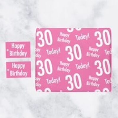 30th Birthday Pink Gift Wrapping Paper & Gift Tags (1 Sheet & 2 Tags) - 'Happy Birthday' - '30 Today!' - Urban Colour Collection