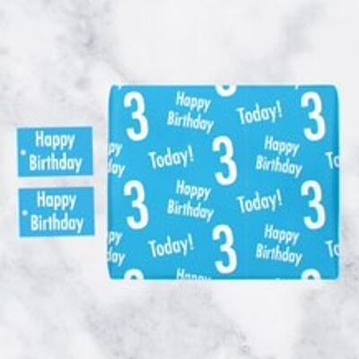 3rd Birthday Blue Gift Wrapping Paper & Gift Tags (1 Sheet & 2 Tags) - 'Happy Birthday' - '3 Today!' - Urban Colour Collection
