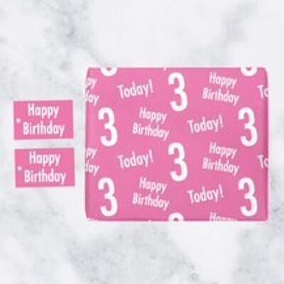 3rd Birthday Pink Gift Wrapping Paper & Gift Tags (1 Sheet & 2 Tags) - 'Happy Birthday' - '3 Today!' - Urban Colour Collection