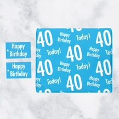 40th Birthday Blue Gift Wrapping Paper & Gift Tags (1 Sheet & 2 Tags) - 'Happy Birthday' - '40 Today!' - Urban Colour Collection