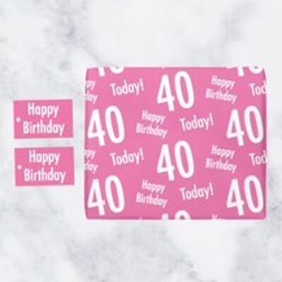 40th Birthday Pink Gift Wrapping Paper & Gift Tags (1 Sheet & 2 Tags) - 'Happy Birthday' - '40 Today!' - Urban Colour Collection