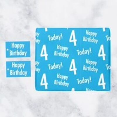4th Birthday Blue Gift Wrapping Paper & Gift Tags (1 Sheet & 2 Tags) - 'Happy Birthday' - '4 Today!' - Urban Colour Collection