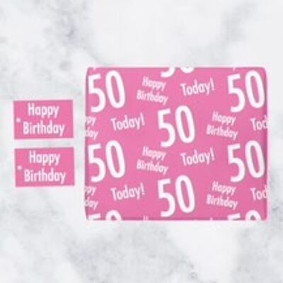 50th Birthday Pink Gift Wrapping Paper & Gift Tags (1 Sheet & 2 Tags) - 'Happy Birthday' - '50 Today!' - Urban Colour Collection