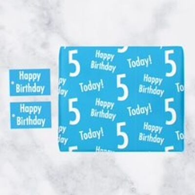5th Birthday Blue Gift Wrapping Paper & Gift Tags (1 Sheet & 2 Tags) - 'Happy Birthday' - '5 Today!' - Urban Colour Collection