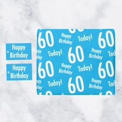 60th Birthday Blue Gift Wrapping Paper & Gift Tags (1 Sheet & 2 Tags) - 'Happy Birthday' - '60 Today!' - Urban Colour Collection