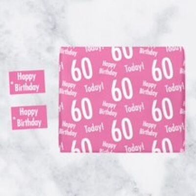 60th Birthday Pink Gift Wrapping Paper & Gift Tags (1 Sheet & 2 Tags) - 'Happy Birthday' - '60 Today!' - Urban Colour Collection