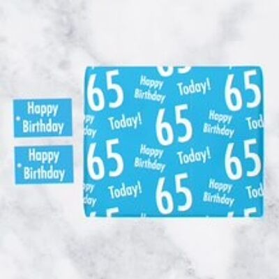 65th Birthday Blue Gift Wrapping Paper & Gift Tags (1 Sheet & 2 Tags) - 'Happy Birthday' - '65 Today!' - Urban Colour Collection